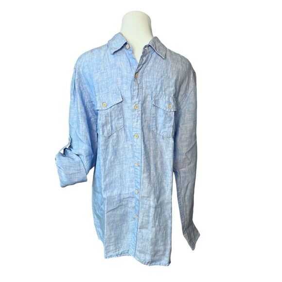 Ocean & Coast Blue Spread Collar Tab Sleeve Button Up Linen Shirt sz MEDIUM - Picture 2 of 11